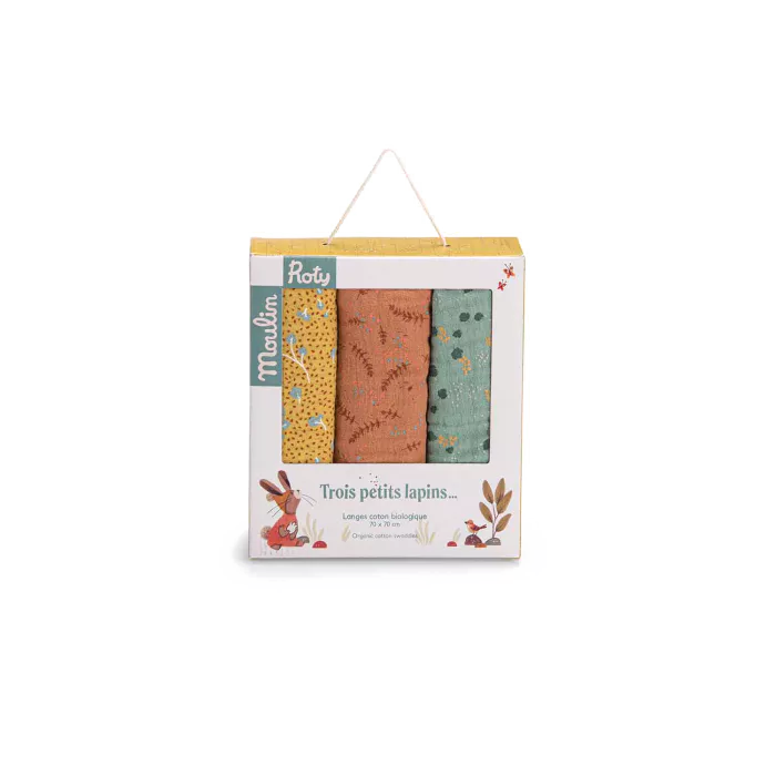 Lot de 3 langes en coton biologique – Trois petits lapins